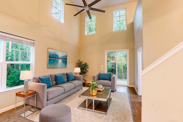 5001 Hay Bale Ct, Summerville, SC 29485 - living area featuring wood finished floors, a ceiling fan, healthy amount of natural light, a towering ceiling, and baseboards