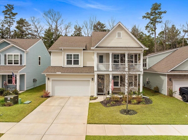 view of front of house featuring a garage, driveway, covered porch, and a front yard