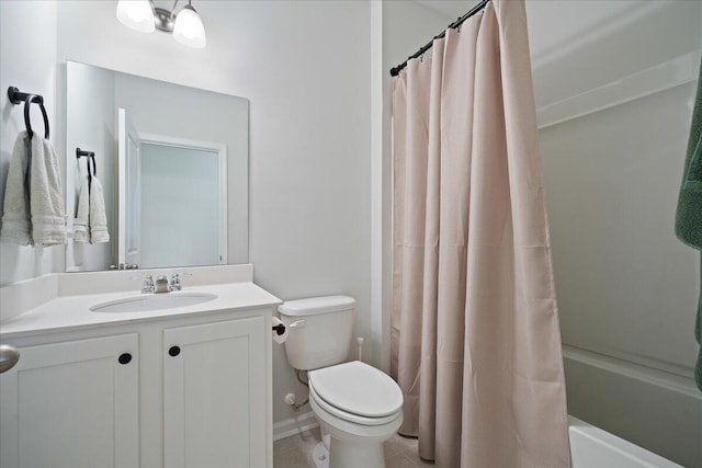 full bathroom with shower / bath combo with shower curtain, toilet, and vanity