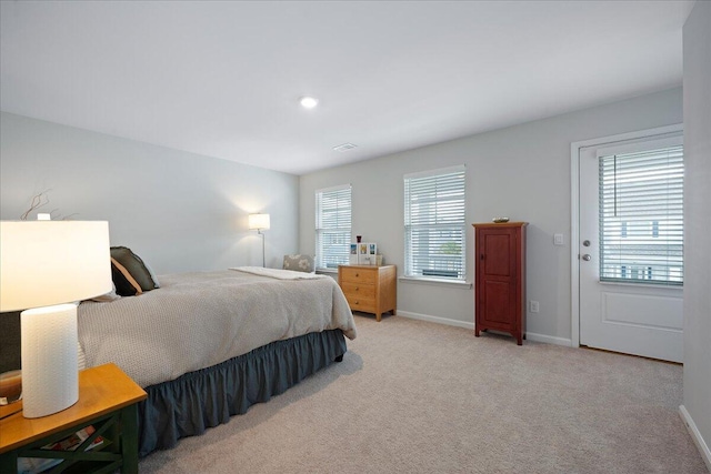 carpeted bedroom with visible vents, recessed lighting, and baseboards