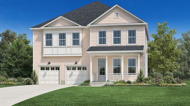 view of front of home with a front yard, roof with shingles, an attached garage, covered porch, and concrete driveway