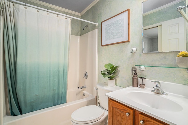 full bathroom with vanity, ornamental molding, toilet, and shower / bath combo with shower curtain