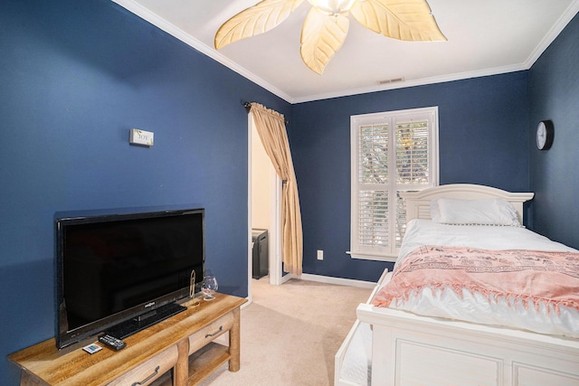 bedroom featuring ornamental molding and light carpet