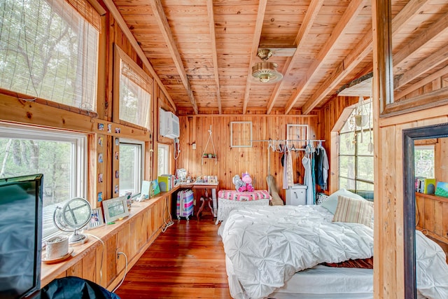 bedroom with beam ceiling, wood ceiling, dark hardwood / wood-style floors, and wood walls