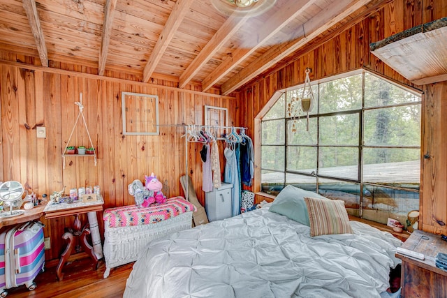 bedroom featuring hardwood / wood-style floors, wood ceiling, beam ceiling, and wood walls