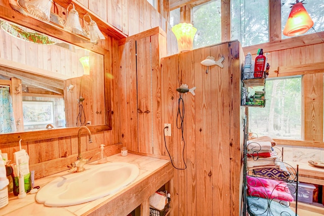 bathroom featuring sink and wood walls