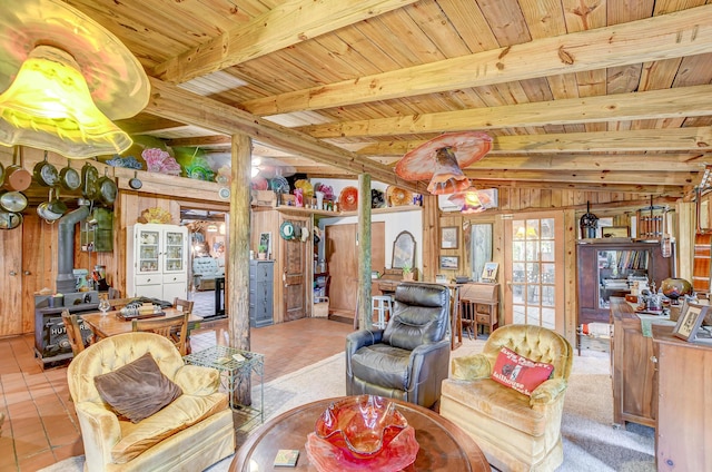 living room featuring wood ceiling, vaulted ceiling with beams, light tile patterned flooring, french doors, and a wood stove