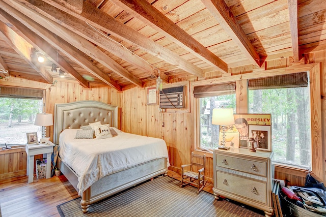 bedroom featuring wood ceiling, beamed ceiling, and wood walls