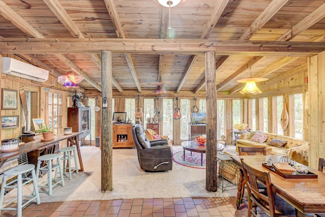 living room with beamed ceiling, wooden walls, a wall mounted AC, and wooden ceiling