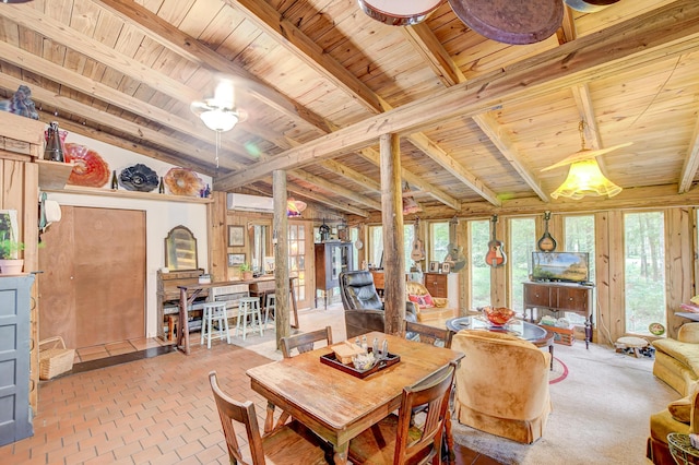 dining room with a wall mounted air conditioner, wood ceiling, and vaulted ceiling with beams