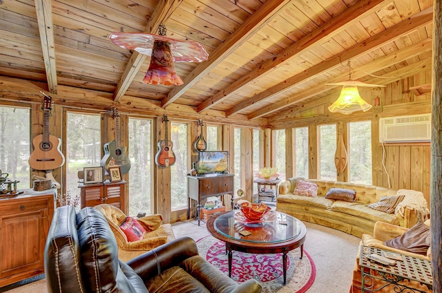 carpeted living room featuring an AC wall unit, vaulted ceiling with beams, wood ceiling, and wood walls