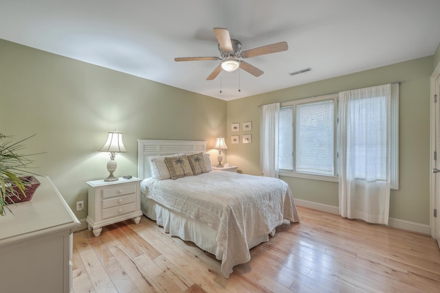 bedroom with ceiling fan and light hardwood / wood-style flooring