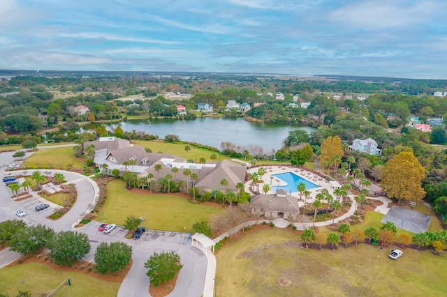 drone / aerial view with a water view