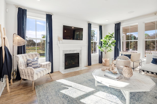 living area featuring light wood-type flooring and a high end fireplace