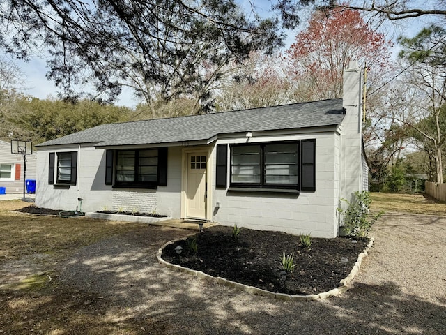 ranch-style home with roof with shingles, concrete block siding, and a chimney