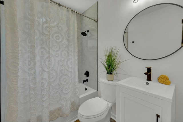 full bathroom with shower / bath combination with curtain, toilet, and vanity