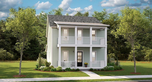 view of front facade featuring a porch, a balcony, and a front lawn