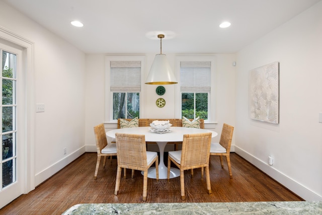 dining room featuring wood-type flooring and a healthy amount of sunlight