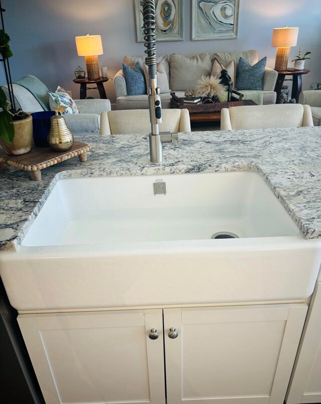 details with white cabinetry, light stone countertops, and a sink