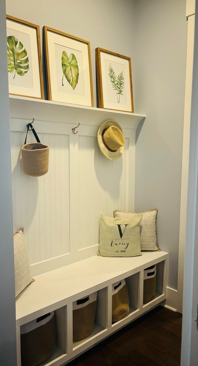 mudroom featuring dark wood-style flooring