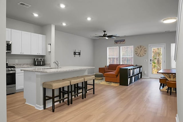 kitchen with stainless steel appliances, a sink, visible vents, light wood-style floors, and a kitchen breakfast bar