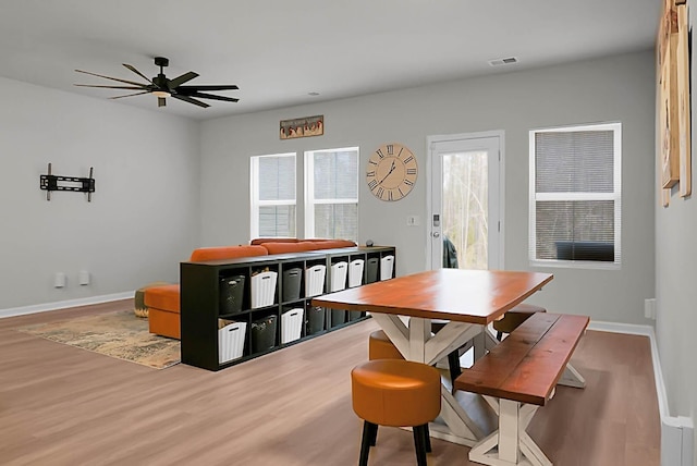 dining room featuring light wood-style flooring, visible vents, baseboards, and ceiling fan