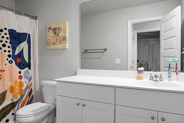 full bathroom featuring toilet, a shower with shower curtain, and vanity