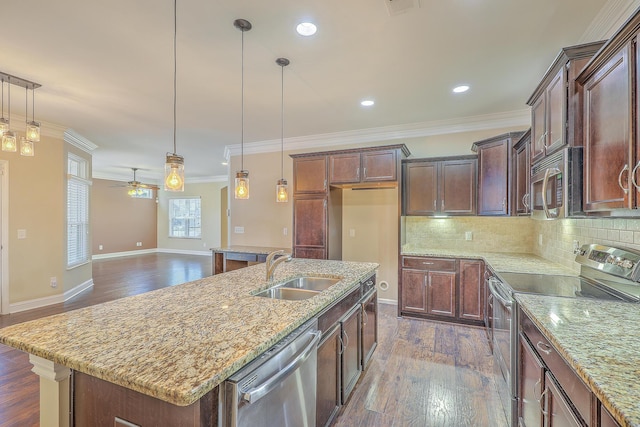 271 Village Stone Cir, Summerville, SC 29486 - kitchen featuring appliances with stainless steel finishes, dark wood-style floors, ceiling fan, ornamental molding, and backsplash