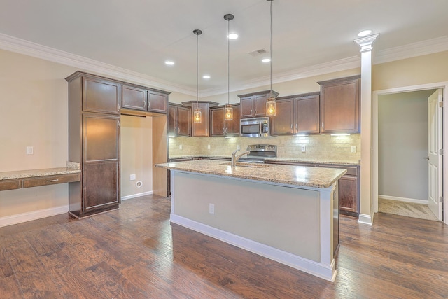 271 Village Stone Cir, Summerville, SC 29486 - kitchen with appliances with stainless steel finishes, light stone countertops, ornamental molding, backsplash, and decorative light fixtures