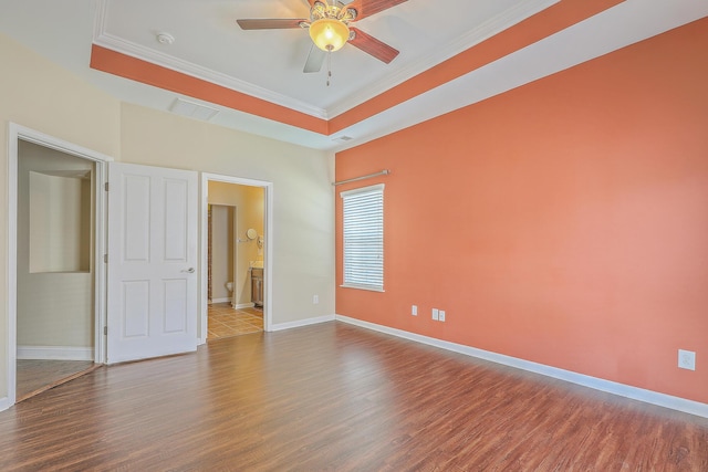271 Village Stone Cir, Summerville, SC 29486 - unfurnished room with wood finished floors, ceiling fan, crown molding, a tray ceiling, and a smoke detector