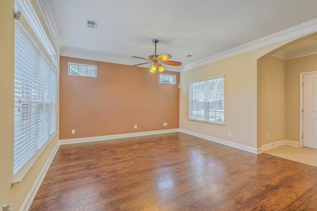 271 Village Stone Cir, Summerville, SC 29486 - empty room featuring arched walkways, a ceiling fan, wood finished floors, and ornamental molding