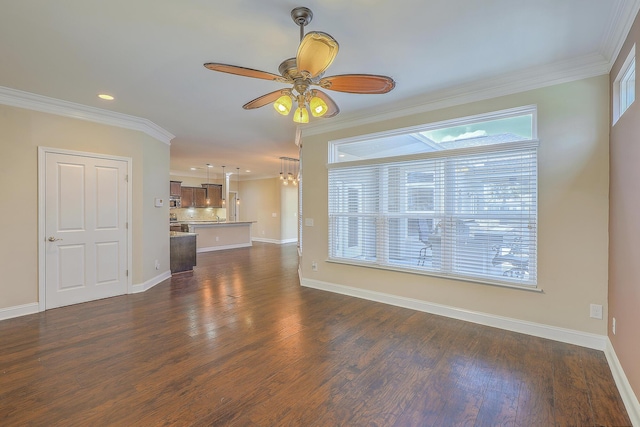 271 Village Stone Cir, Summerville, SC 29486 - unfurnished living room with ornamental molding, ceiling fan, dark wood finished floors, and recessed lighting