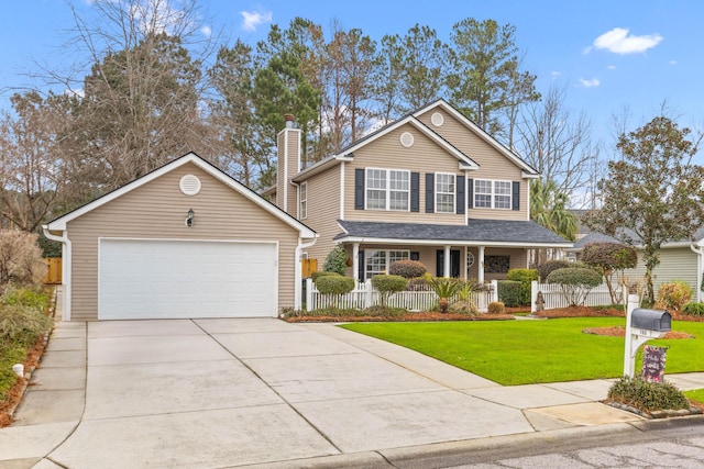 traditional-style house featuring a garage, a chimney, fence, and a front lawn