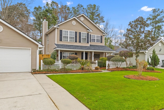 traditional-style house with a fenced front yard, a chimney, a garage, driveway, and a front lawn