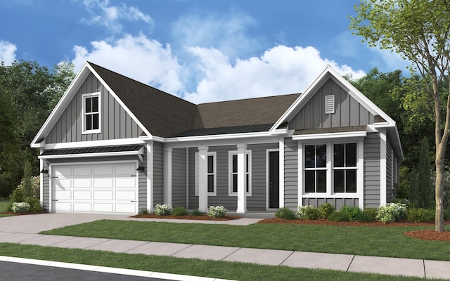 view of front facade with a standing seam roof, concrete driveway, board and batten siding, and a front yard