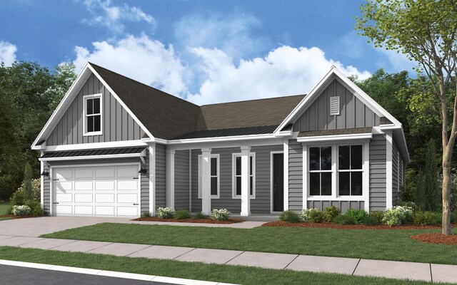 view of front facade with a standing seam roof, driveway, a front lawn, and board and batten siding