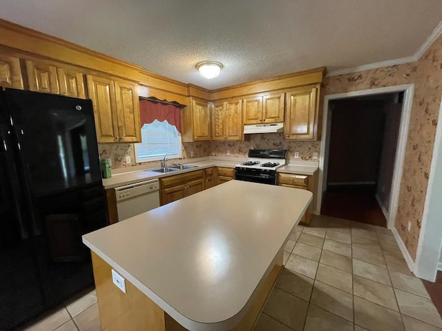 kitchen featuring white appliances, a kitchen island, sink, and light tile patterned floors