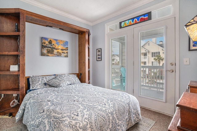 carpeted bedroom with ornamental molding