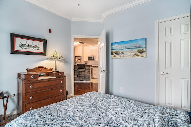 bedroom featuring dark wood-type flooring and ornamental molding