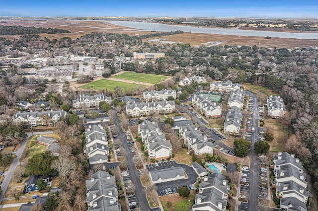 drone / aerial view featuring a water view