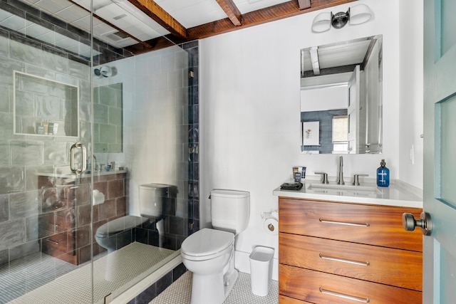 95 Line St, Charleston, SC 29403 - bathroom with toilet, a stall shower, beam ceiling, and vanity