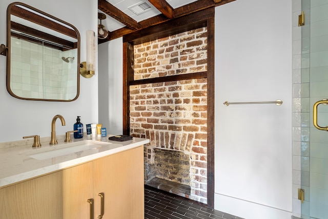 95 Line St, Charleston, SC 29403 - bathroom featuring visible vents, a shower stall, and vanity