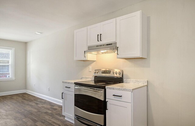 1554 Orange Grove Rd Unit A & B, Charleston, SC 29407 - kitchen with stainless steel range with electric cooktop, under cabinet range hood, dark wood-style floors, light countertops, and white cabinetry