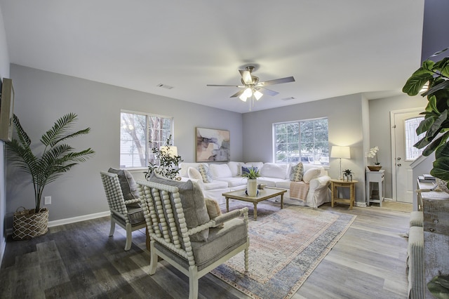 living room with ceiling fan and wood-type flooring