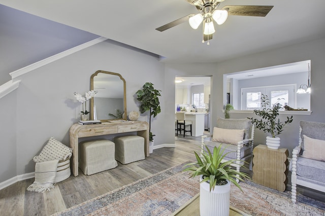 living room with ceiling fan, french doors, and hardwood / wood-style floors