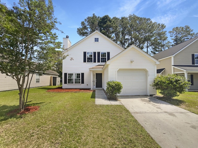 traditional-style house featuring a garage, concrete driveway, a chimney, and a front yard
