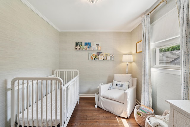 1107 S Shadow Dr, Mount Pleasant, SC 29464 - bedroom with crown molding, wood-type flooring, a crib, and baseboards