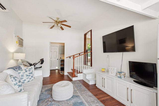 1107 S Shadow Dr, Mount Pleasant, SC 29464 - living room with a wall unit AC, ceiling fan, dark wood-type flooring, and stairway