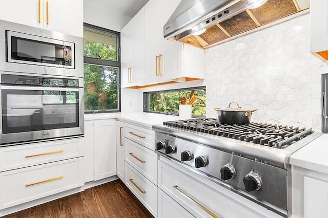 kitchen with white cabinetry, dark wood-type flooring, stainless steel appliances, and wall chimney exhaust hood