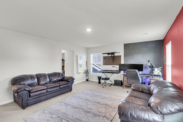 living room featuring light carpet